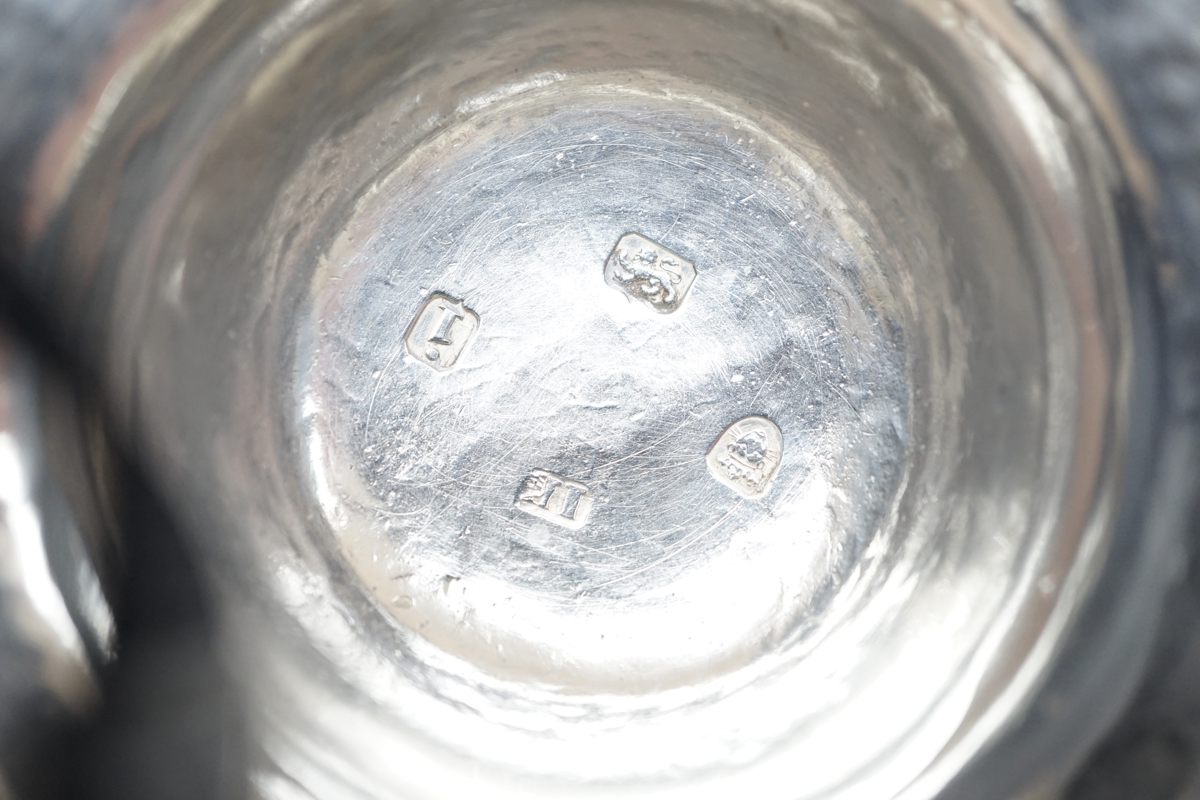 A George III silver tankard, with banded girdle, makers mark on lid and base differ?, London, 1784, height 17.5cm, 17.6oz. (a.f.)